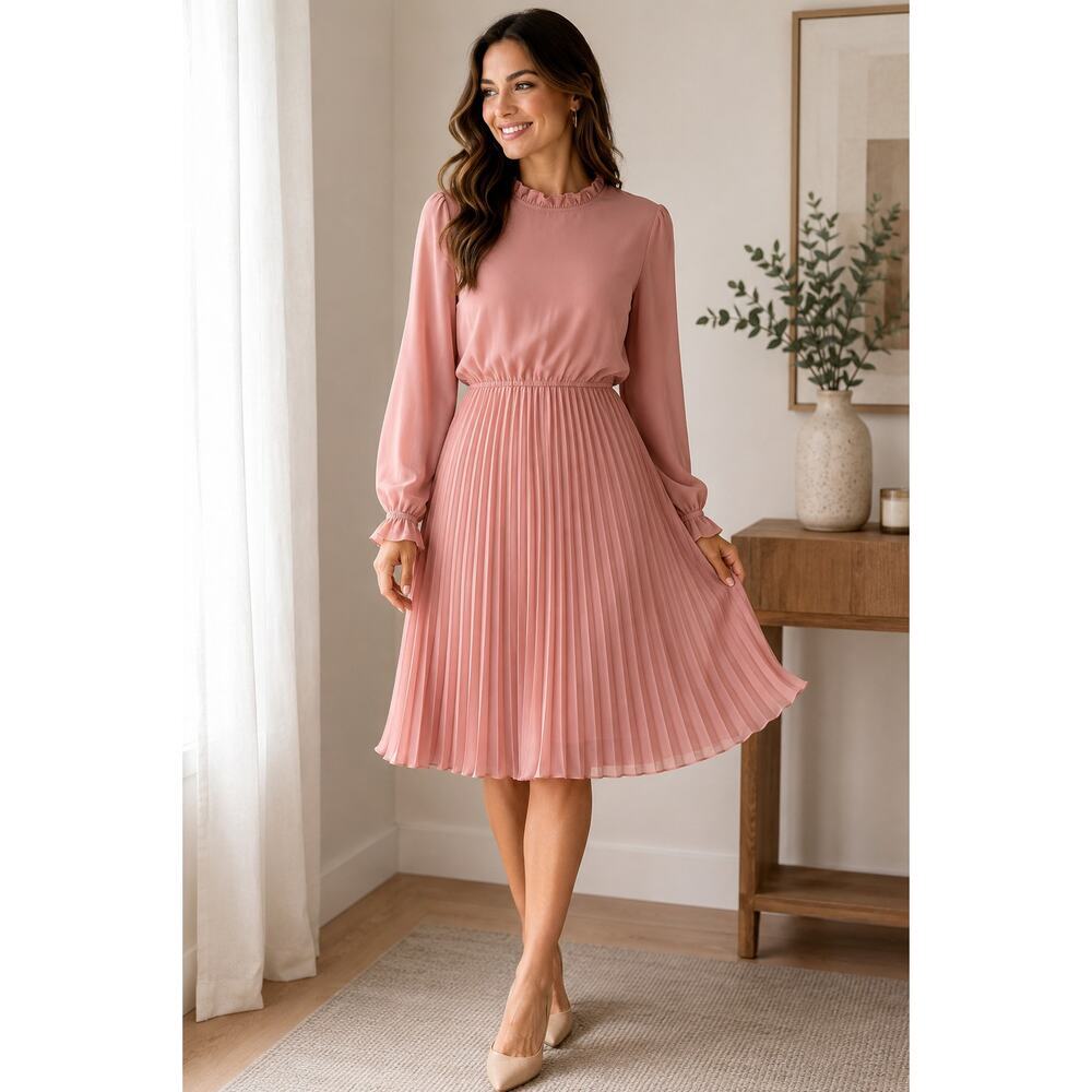 Styli Blush Pink Pleated Long Sleeve Dress Size M Ruffle Neck Modest Feminine